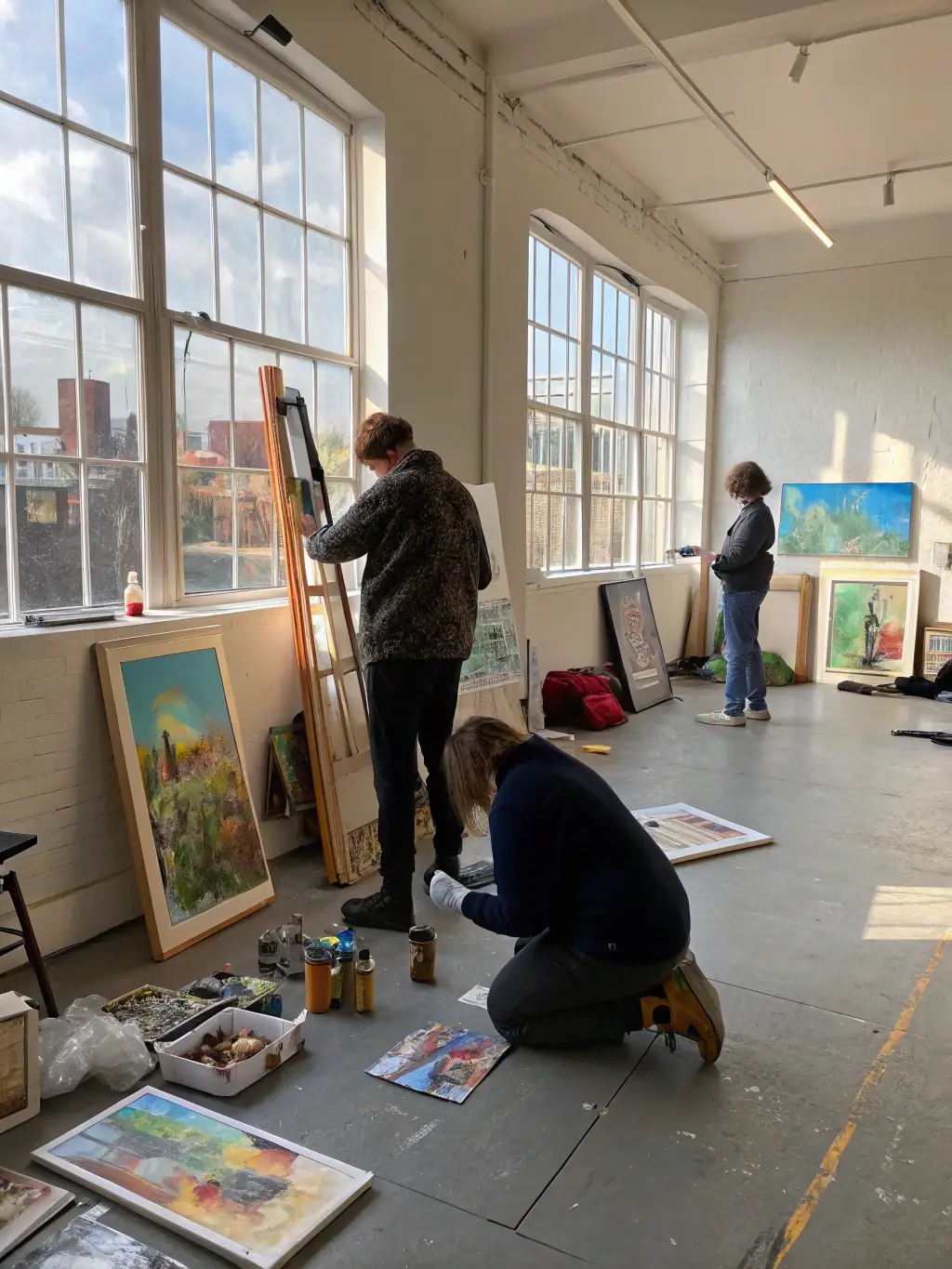A dynamic shot of volunteers assisting with the setup of an AAMBA exhibition, highlighting community involvement and support for the arts.