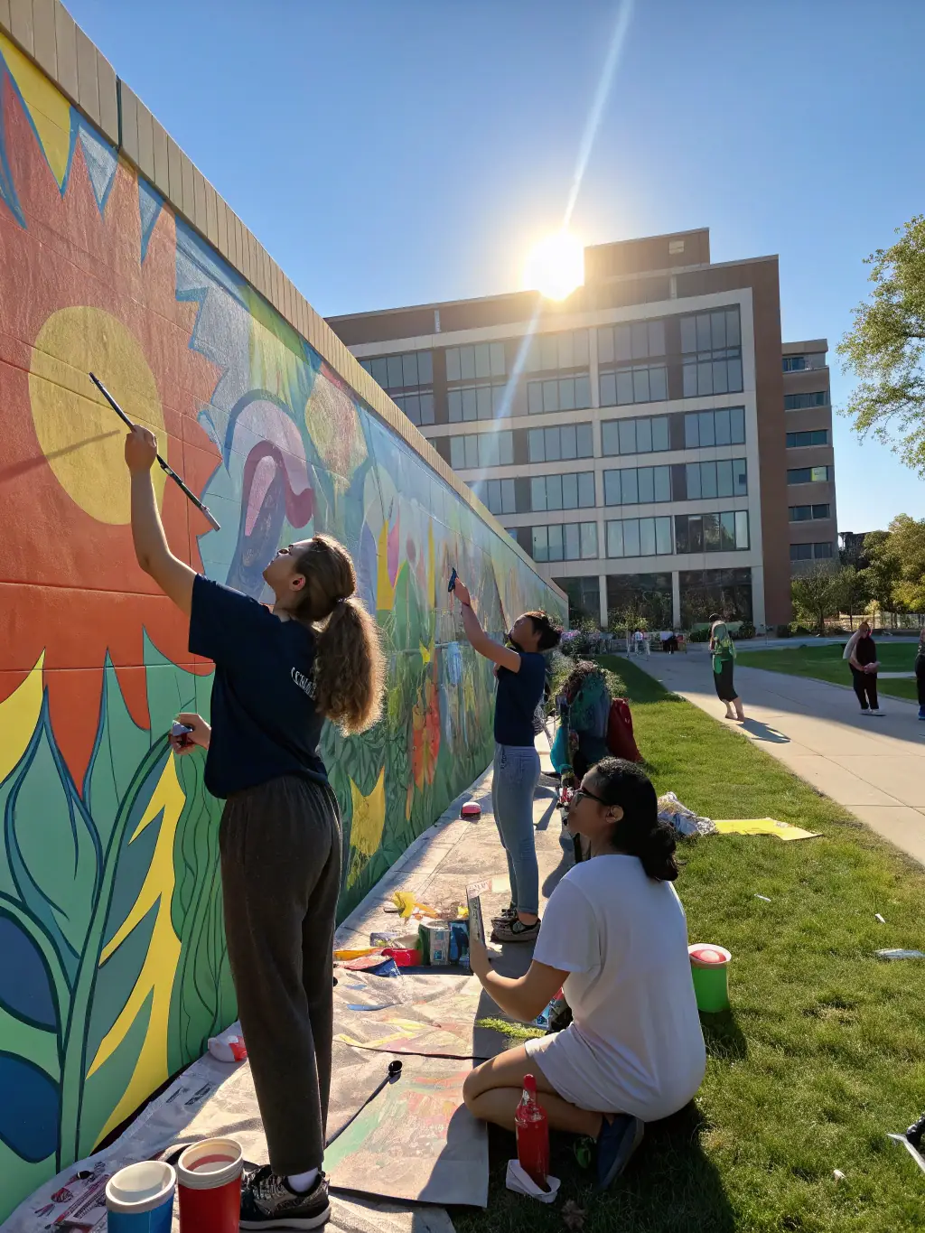 A vibrant image of children participating in an art education program at AAMBA, painting colorful murals under the guidance of instructors.