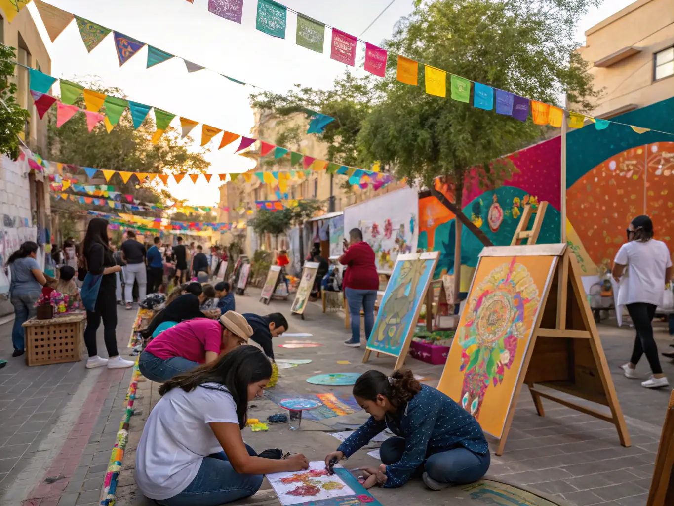 A dynamic image of a community art event organized by AAMBA, with people of all ages participating in collaborative art projects, demonstrating the gallery's commitment to community engagement.