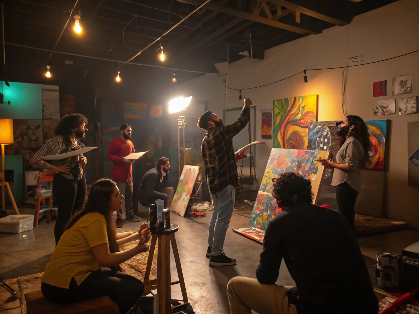A vibrant image capturing participants actively engaged in an art workshop, with easels, paintbrushes, and colorful artworks visible in the background, reflecting a hands-on learning experience.