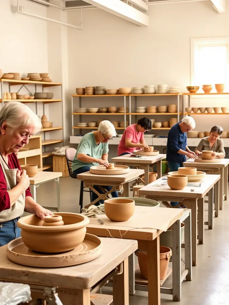 A photograph capturing participants actively engaged in a pottery workshop at AAMBA, showcasing hands-on learning and creative expression.