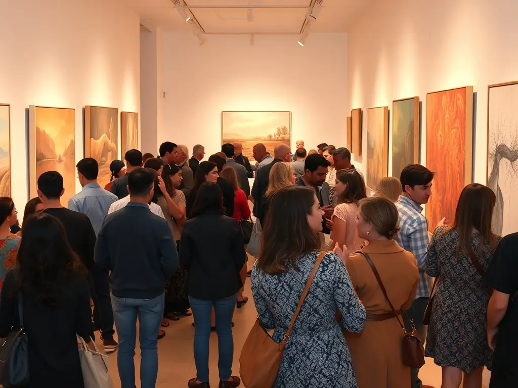 A photograph showcasing a recent exhibition opening at AAMBA, featuring artists, curators, and attendees admiring the displayed artworks, highlighting the gallery's role in promoting visual arts.